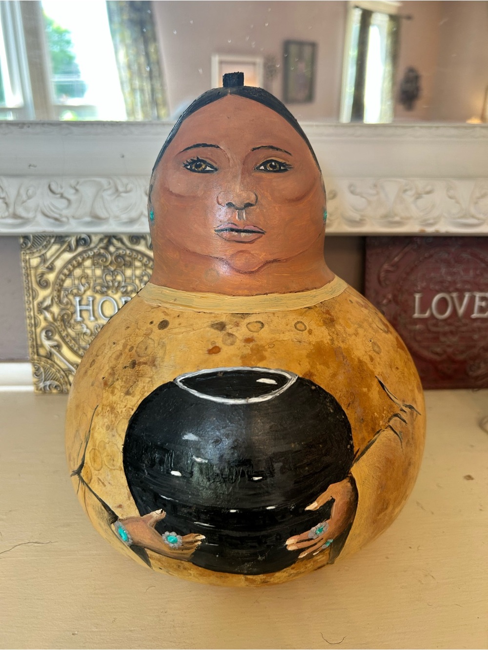 Hand-Painted Dried Gourd Art - Woman Holding Pot - 1999 - Vibrant Colors!